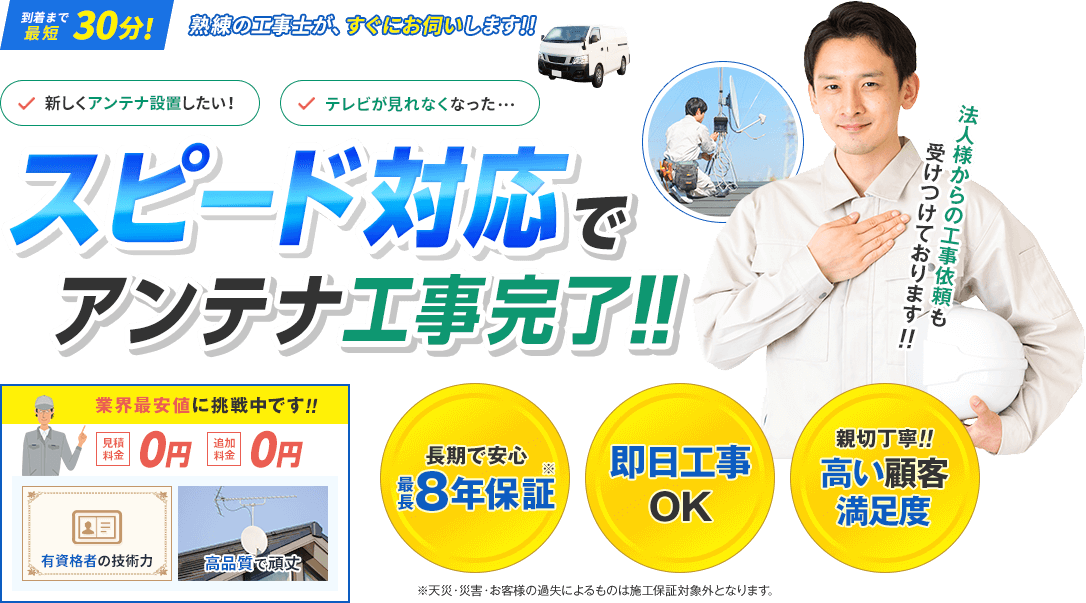 到着まで最短30分。熟練の工事士がすぐにお伺いします。新しくアンテナを設置したい、テレビが見れなくなった方へ。スピード対応でアンテナ工事完了です。業界最安値に挑戦中で、見積料金、追加料金はかかりません。長期で安心の最長8年保証。即日の工事も可能で、高い顧客満足度を頂いております。法人様からの工事依頼も受け付けております。
