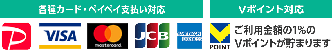 各種クレジットカード、PayPay、対応。。ご利用金額の1%のVポイントが貯まります。